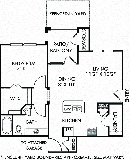 Floor plan for 1 bed, 1 bath, 725 sqft